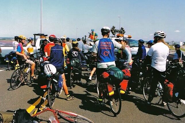 Climate Change Caravan cyclists gathered with their loaded bicycles on the Confederation Bridge in 2001.