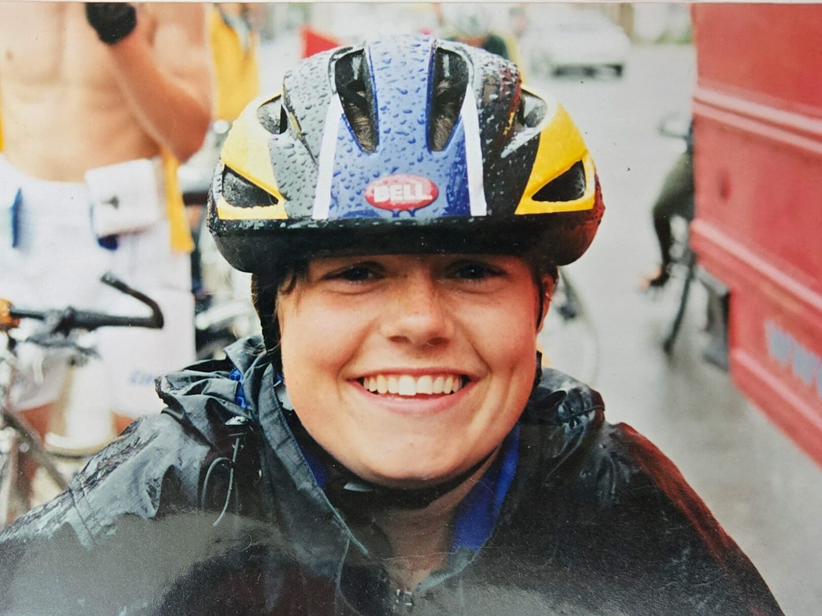 Smiling in the rain in a critical mass in Winnipeg.