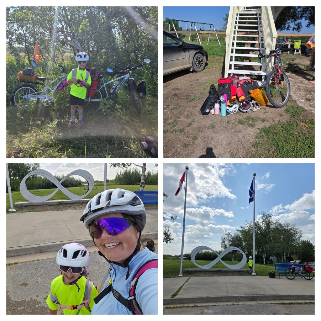 Riding a mountain bike with a trail-along bike on gravel roads to Batoche to learn about our Metis heritage